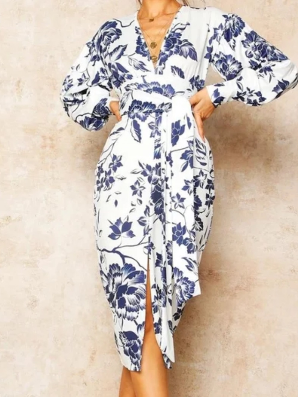 Boohoo White Midi Dress with Navy Blue Floral Print